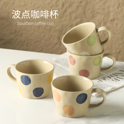 手绘咖啡杯复古粗陶波点马克杯