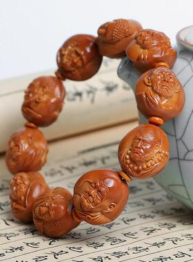 橄榄核雕纯手工雕刻大籽三疯款双面写实十八罗汉橄榄胡手串男女款