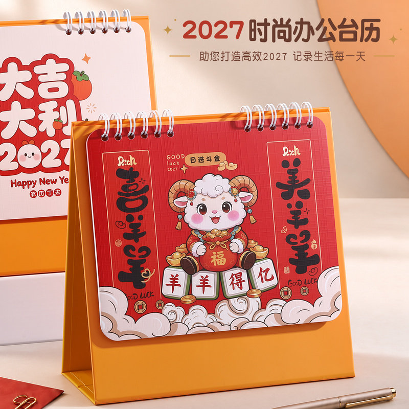 木雷台历2027年羊年广告定制月历个性创意简约办公桌面摆件定做公司企业logo专版小型小号迷你日历中国风台历