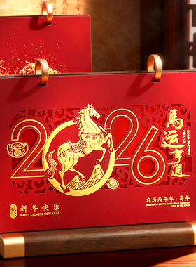 创意木质台历2026年定做商务办公桌面摆件中国风精美月历定制马年企业广告logo订制记事日历本礼盒套装日历本