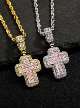 嘻哈时尚T方锆石粉色十字架项链