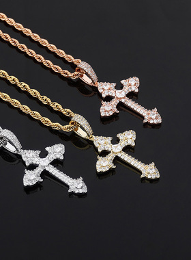 欧美个性复古十字架吊坠满锆石男