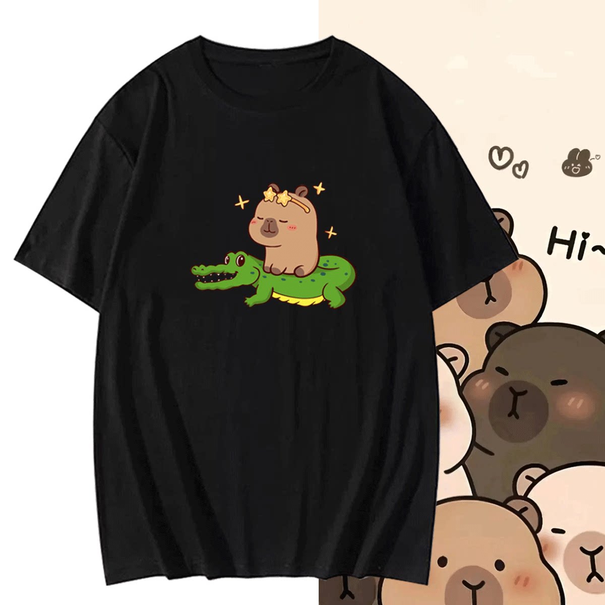 夏季2025新款卡皮巴拉周边可爱卡通男女情侣可定制半袖短袖T恤衫