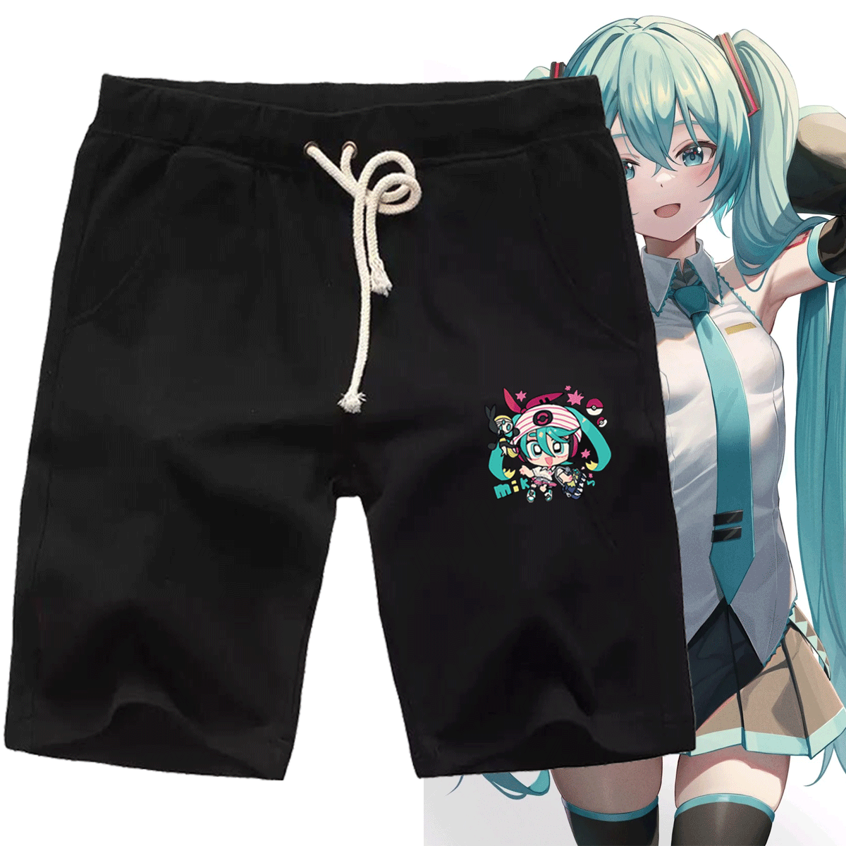 miku联名Pokemon初音卡通二次元夏季男女情侣可定制休闲五分短裤