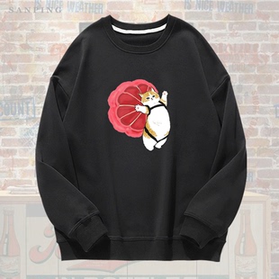 日系卡通可爱跳伞猫猫潮牌青少年秋冬男女情侣定制外套圆领卫衣服