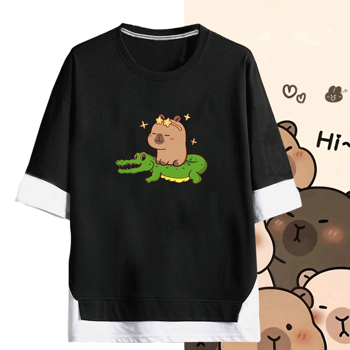 夏季2025新款卡皮巴拉周边可爱卡通男女可定制短袖T恤纯棉假两件