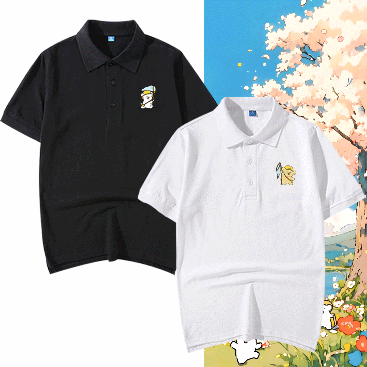马尔济斯线条小狗动漫卡通可爱周边男女情侣夏短袖T恤纯棉POLO衫