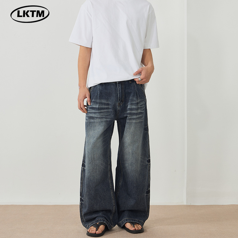 LKTM男装#美式复古baggy弯刀牛仔裤男女百搭潮牌水洗松弛感长裤子
