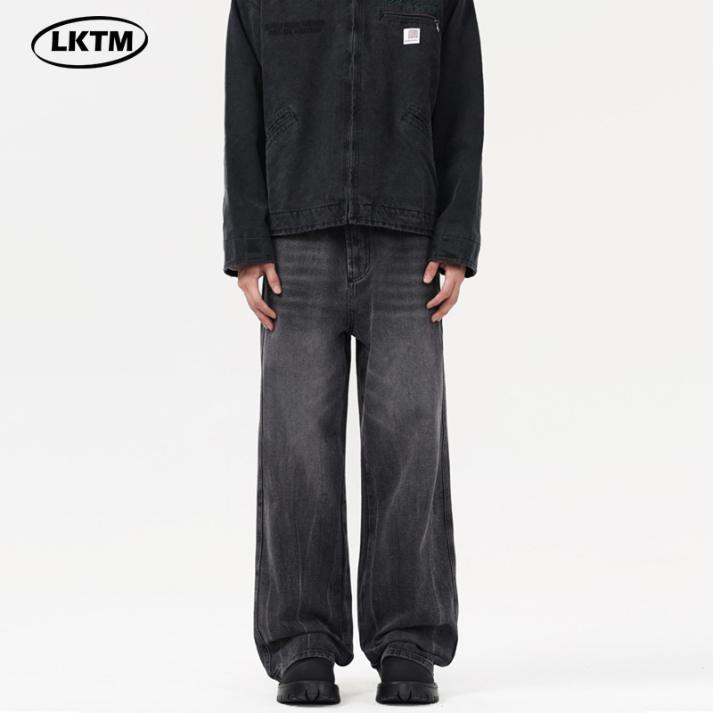 LKTM男装#美式重工水洗黑灰色牛仔裤男潮牌猫须纹理百搭阔腿长裤