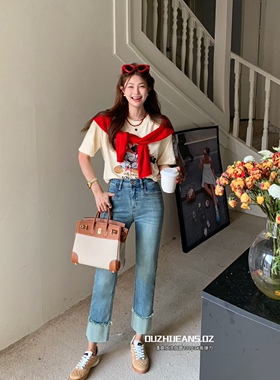 【TOP 欧制】细节感拼接裤脚弹力烟管裤牛仔裤13203-1