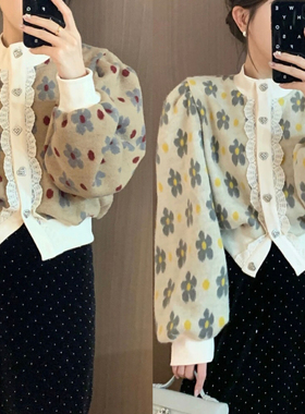 秋冬新款韩版新年战袍款上衣半高领小花针织开衫泡泡肩毛衣开衫