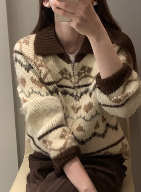 秋季翻领新款女式毛衣美拉德风针织衫费尔岛超好看拉链上衣外套