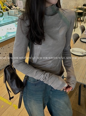新款正品W327美式半高领美拉德晕染字母立领加绒里长袖保暖打底衫