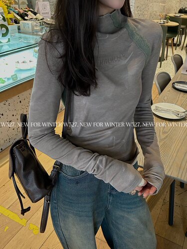 新款正品W327美式半高领美拉德晕染字母立领加绒里长袖保暖打底衫