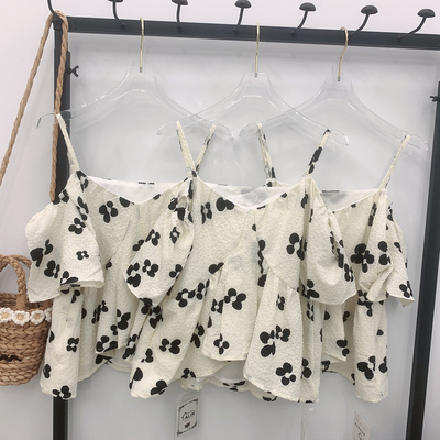 微胖mm吊带一字肩碎花衬衫女