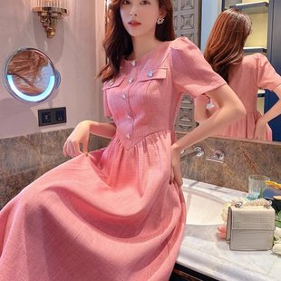 夏季 别致设计感小香风连衣裙高级感 女法式 赫本气质收腰显瘦泡泡袖