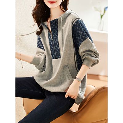 灰色半拉链连帽卫衣女秋季2025年新款欧洲站大码宽松休闲长袖上衣