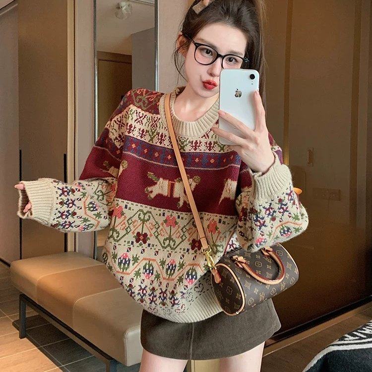 复古提花费尔岛毛衣女秋冬季加厚2025新款慵懒风设计感宽松针织衫