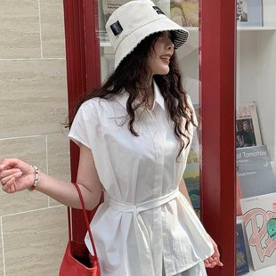 衬衫 纯棉仿天丝韩系气质通勤简约百搭宽松polo领绑带收腰显瘦薄款