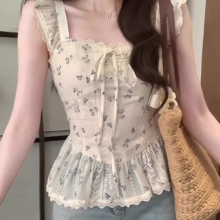 蕾丝拼接荷叶边提花小飞袖 森系甜美温柔风背心女 上衣2025夏季 新款