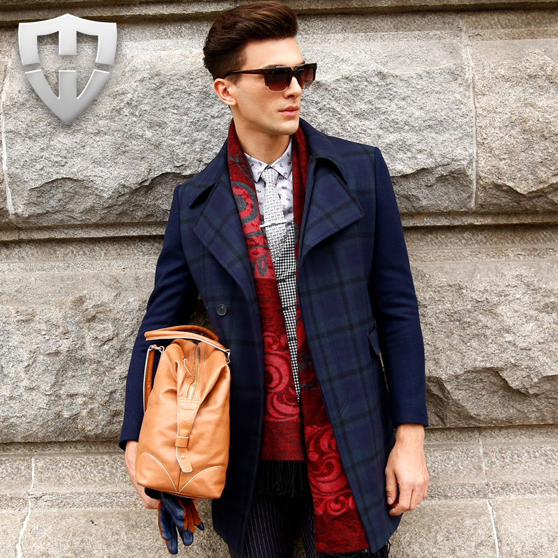 MW莫畏轻奢 修身中长款纯羊毛呢子大衣 男装秋冬厚格子毛呢外套潮