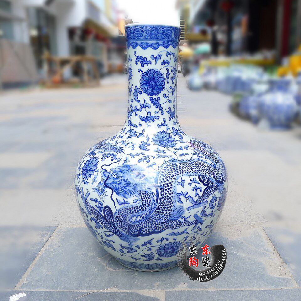 仿古手绘花瓶 天球瓶 青花双龙纹 景德镇陶瓷装饰瓶 气质收藏