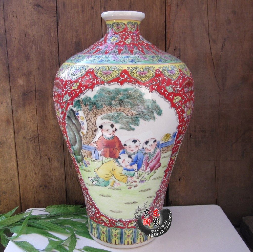 特色 仿古粉彩落地花瓶 全手工制作 居家摆设 手绘粉彩婴戏红赏瓶,家居饰品,花瓶,淘宝优惠券,粉丝福利购,淘宝优惠卷