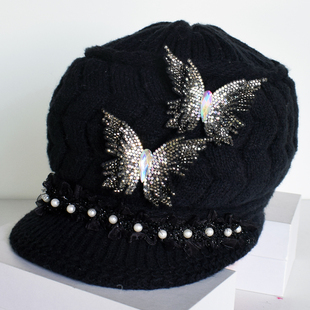 秋冬保暖洋气毛线针织帽子镶钻珍珠蝴蝶装 时髦帽子 饰女款
