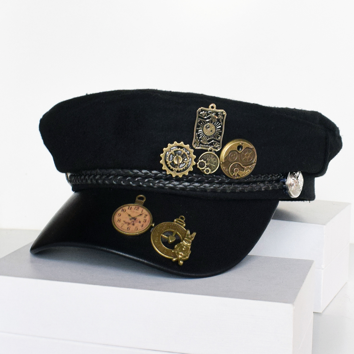 复古机车水手帽男士冬季黑色金属装饰贝雷帽街头潮流帽子