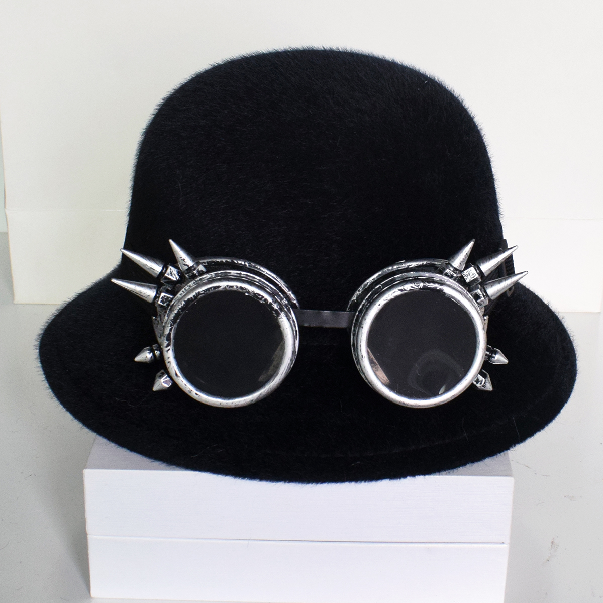 蒸汽朋克铆钉毛呢帽男女秋冬防风护目平顶礼帽时尚个性帽子