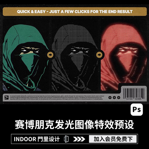 18款潮流复古赛博朋克发光图像特效生成Ps动作预设atn文件pat素材