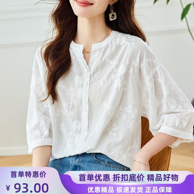 蕾丝刺绣领短袖衬衫女夏季新款