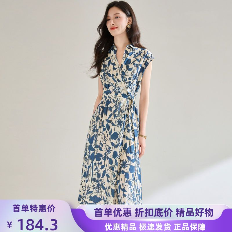 夏季法式棉质青花蓝印花衬衫领收