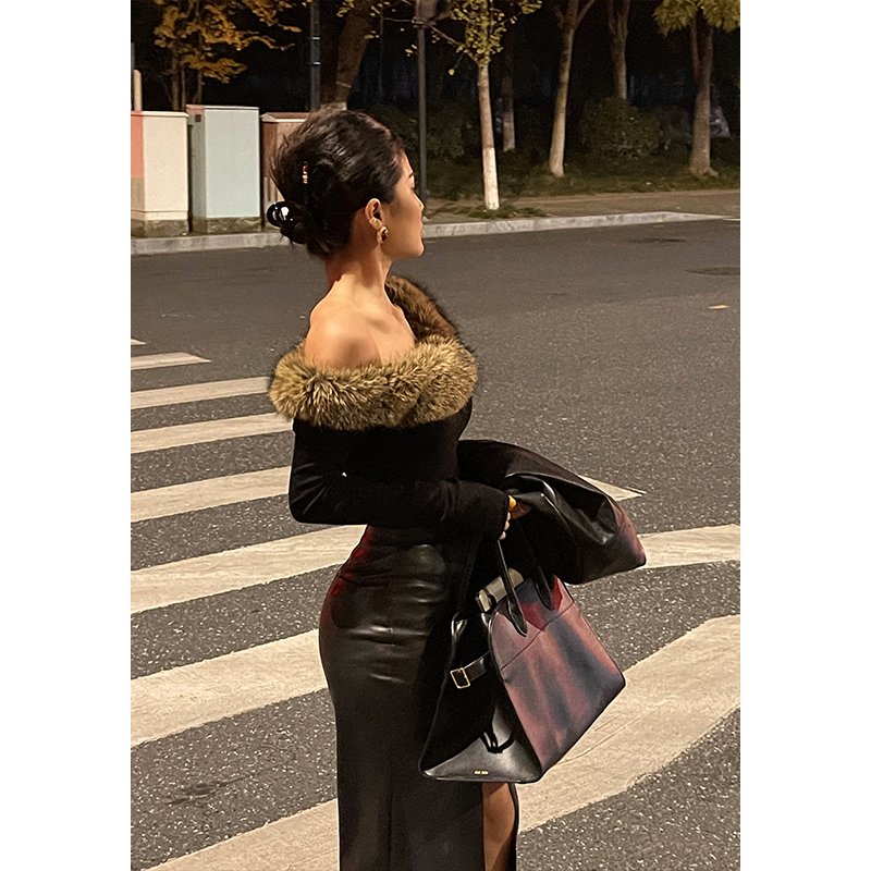 性感毛领斜肩长袖T恤女冬季