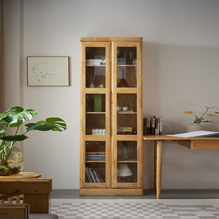 柏木书柜带玻璃门客厅展示柜家用靠墙一体实木手办工厂定做柜子