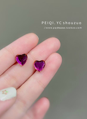 小巧精致高级感紫色心形纯银养耳耳钉复古超仙长春花蓝树脂耳饰女