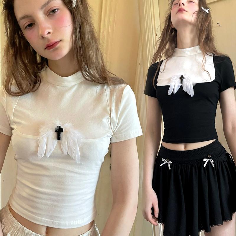羽毛翅膀十字架暗黑少女T恤