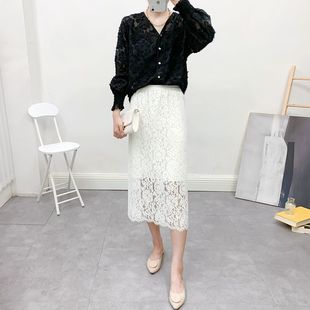 2026夏季节高腰大码黑白色蕾丝百搭半身裙开叉一步打底包臀中长裙