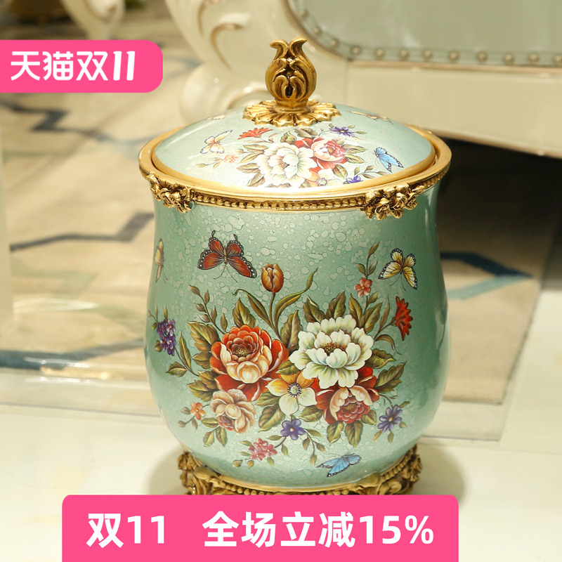 大号欧式复古客厅带盖垃圾桶家用创意装饰品收纳桶树脂工艺品摆件