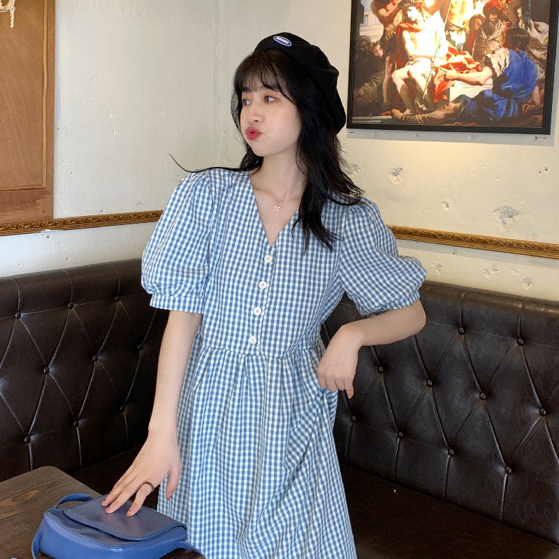 Real price ~ summer new Plaid Short Sleeve Dress
