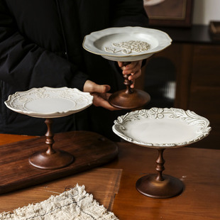 中古风黑胡桃木高脚托盘下午茶点盘家用水果甜品盘蛋糕零食收纳盘