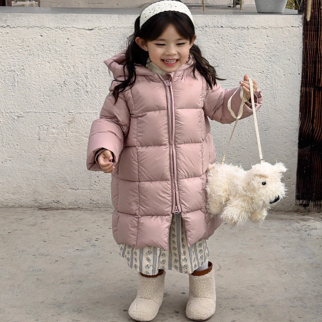 女童90绒羽绒服2025新款中长款加厚保暖连帽面包服粉色外套