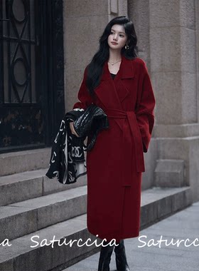 官网正品红色翻领双面羊绒大衣女