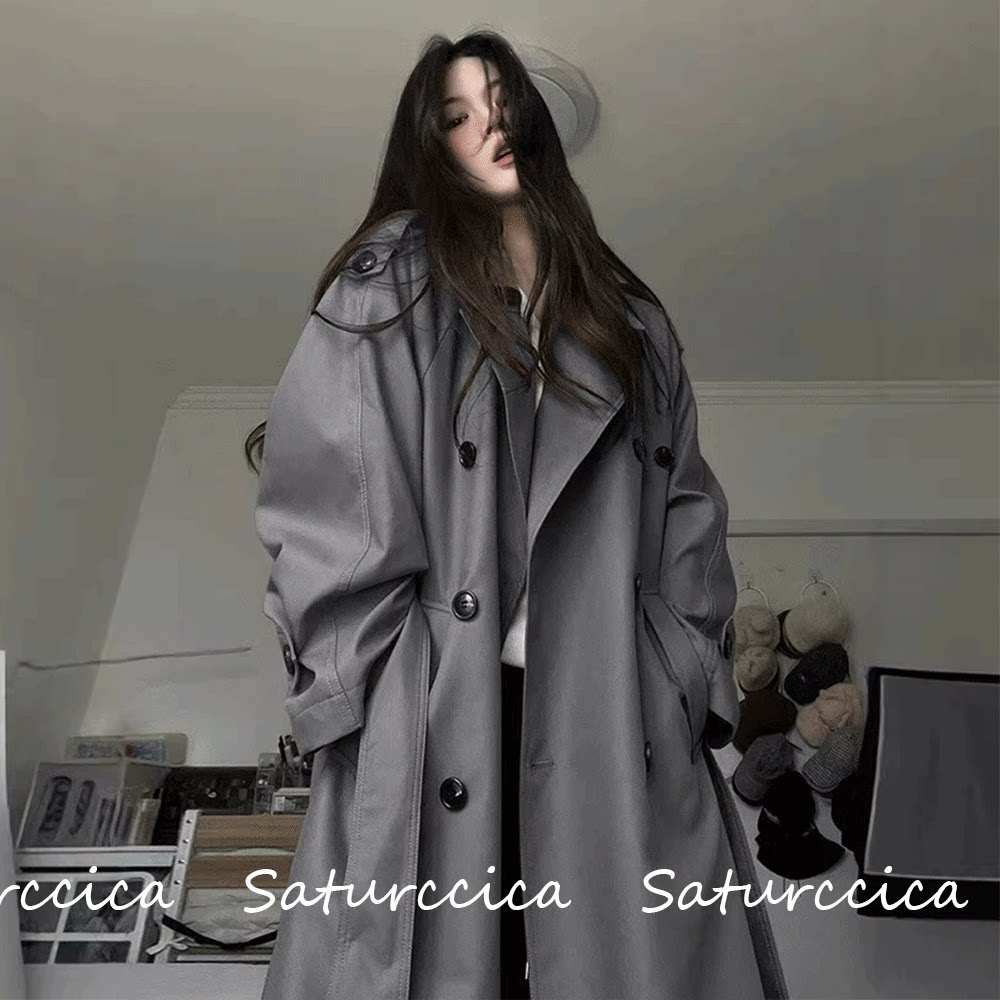 Saturccica英伦灰中长风衣女