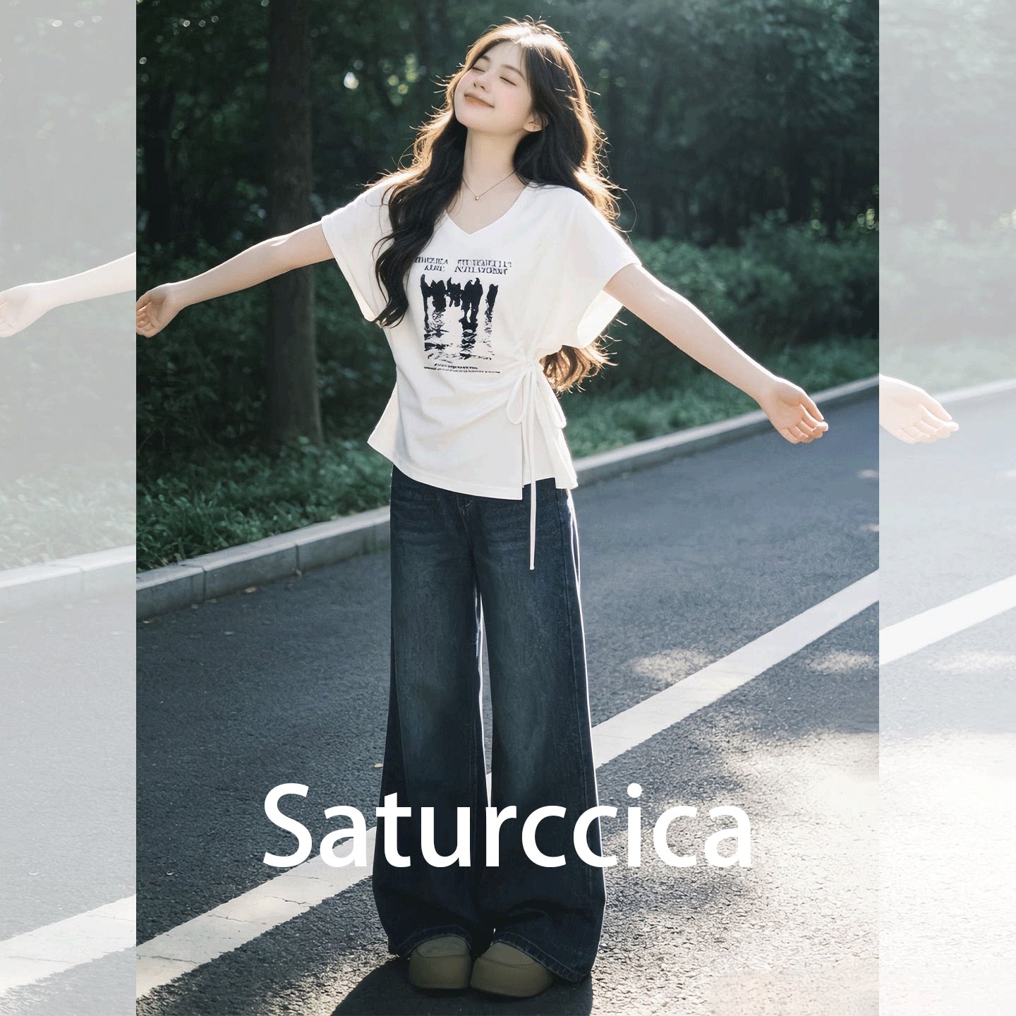 Saturccica白色V领短袖T恤女