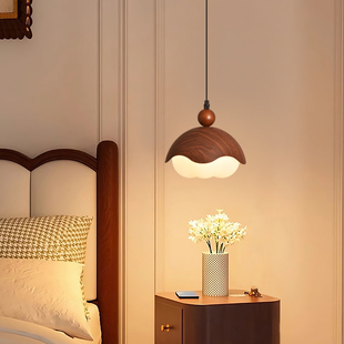 中古风床吊灯复古胡桃木纹餐桌灯新中式禅意茶室吧台餐厅灯卧室灯