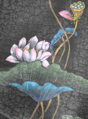 真丝龟纹香云纱100%桑蚕丝过泥龟丝绸手绘精美荷花图布料