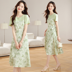 女 气质收腰妈妈裙子夏季 实拍 薄荷曼波绿色碎花假两件连衣裙法式