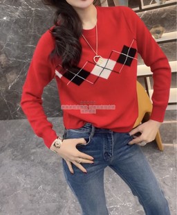 圆领菱形格子羊毛针织衫 时尚 宽松显瘦毛衣内搭 新款 欧洲站2025春季