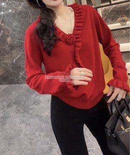 法式 欧洲站2025春季 V领木耳边针织衫 时尚 设计感气质毛衣上衣 新款